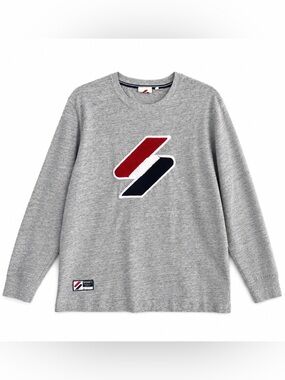 Superdry Grey Long Sleeve Tee with Red & Navy Chevron Logo